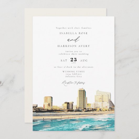 Invitation ATLANTIC CITY Watercolor Mariage Skyline (Devant / Derrière)