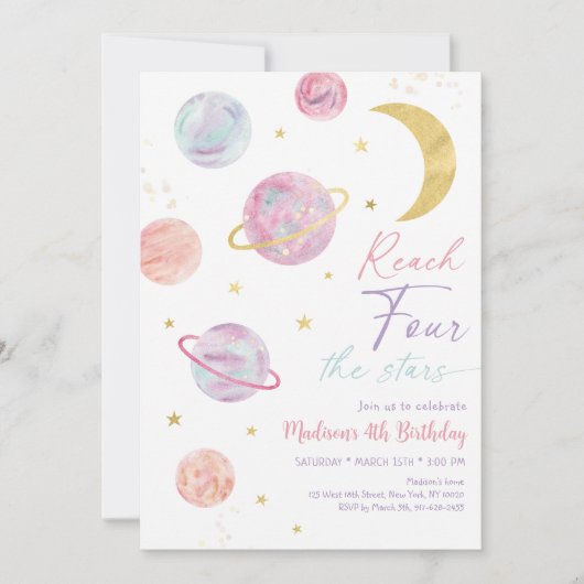 Invitation Atteindre QUATRE étoiles Espace rose Anniversaire (Devant)