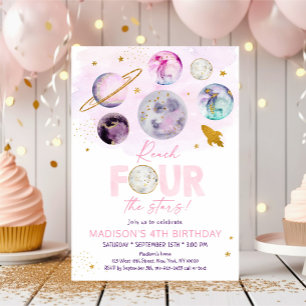 Invitation Atteindre QUATRE Étoiles Espace Rose Anniversaire