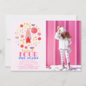 Invitation Atteindre QUATRE Étoiles Espace Rose Photo Anniver (Devant)