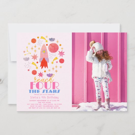 Invitation Atteindre QUATRE Étoiles Espace Rose Photo Anniver (Devant)