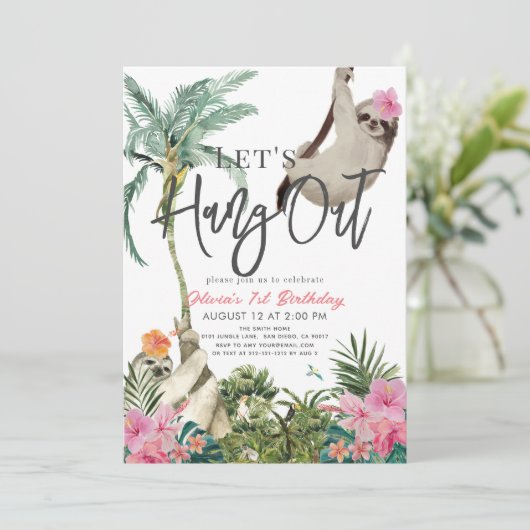 Invitation Attendons la Fille de la jungle de Sloth 1er anniv (Debout devant)