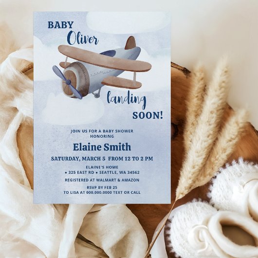 Invitation Atterrissage Bientôt Blue Boy Baby shower d'avion