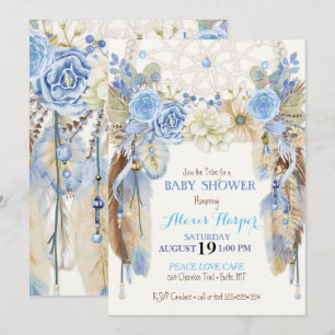 Invitation Attrape-rêve Boho Plumes Bleu Ivoire Marron