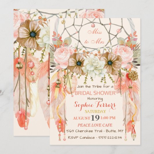 Invitation Attrape-rêve Boho Plumes Corail Pêche (Devant / Derrière)