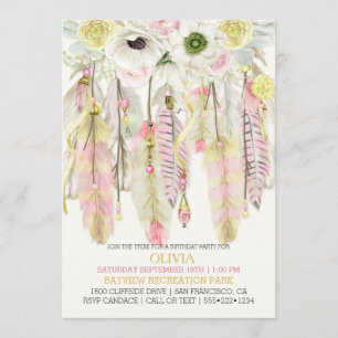 Invitation Attrape-rêve Boho Plumes Cristaux Rose Jaune