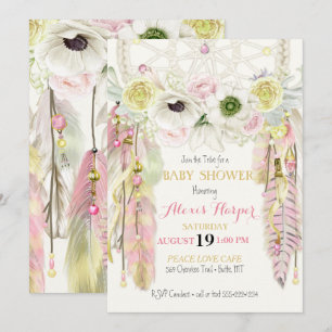 Invitation Attrape-rêve Boho Plumes Cristaux Rose Jaune