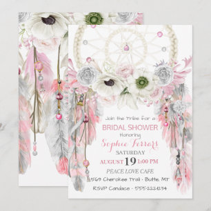 Invitation Attrape-rêve Boho Plumes Rose Gris Ivoire