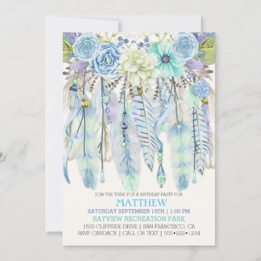 Invitation Attrape-rêve Boho Plumes Turquoise Bleu (Devant)