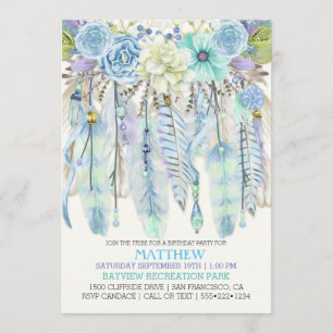 Invitation Attrape-rêve Boho Plumes Turquoise Bleu