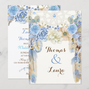 Invitation Attrape-rêve Tribal Bohème Aquarelle Bleu Beige