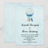 Invitation Attrape-rêves Bleu avec Fleurs & Plumes Mariage (Devant / Derrière)