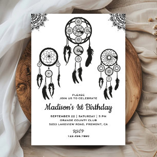 Invitation Attrape-Rêves de Rêve Bohème Tribal Noir et Blanc