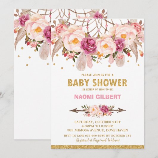 Invitation Attrape-Rêves Floral Boho Baptême Fille (Devant / Derrière)