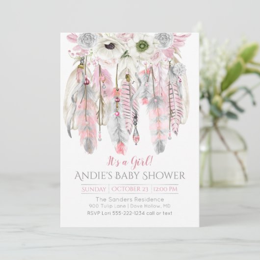 Invitation Attrape-rêves gris rose Plumes flèches Floral (Debout devant)