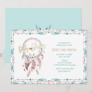 Invitation Attrape-rêves plumes bohème Shower bébé sarcelle