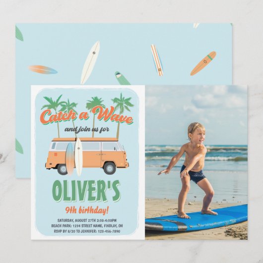 Invitation Attraper un Surf d'onde photo Anniversaire (Devant / Derrière)