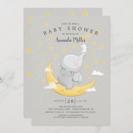 Invitation Attrapez Un Étoile Baby shower Eléphant Bunny Neut (Devant / Derrière)