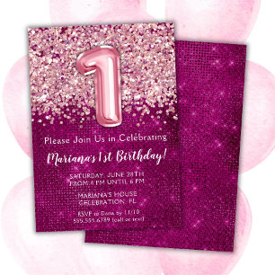 Invitation au 1er anniversaire Fille Magenta Rose