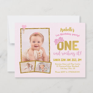 Invitation au 1er anniversaire, rose filles premie
