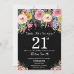 Invitation au 21e anniversaire de Floral Surprise<br><div class="desc">Floral Surprise 21e Anniversaire Invitation pour les femmes. Fleur florale aquarelle. Arrière - plan noir. Rose, Jaune, Orange, Fleur Violet. Anniversaire adulte. 13e 15e 16e 18e 20e 21e 30e 40e 50e 60e 70e 80e 90e 100e, n'importe quel âge. Pour plus de personnalisation, cliquez sur le bouton "Customiser" et utilisez notre...</div>