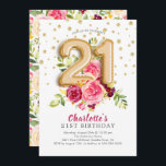 Invitation au 21e anniversaire de Foil Balloon Flo<br><div class="desc">Belle florale rose avec des ballons de papier peint ornés de confettis dorés.  Visitez notre dossier fleuri correspondant pour une touche spéciale.</div>