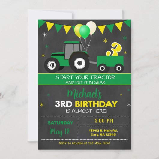 Invitation au 3ème anniversaire du garçon tracteur (Devant)