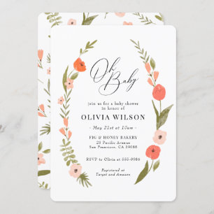 Invitation au Baby shower à fleurs vertes roses