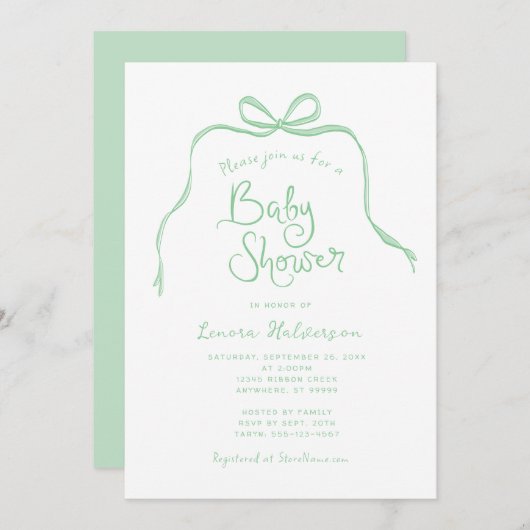 Invitation au Baby shower à mâchoires simples vert (Devant / Derrière)