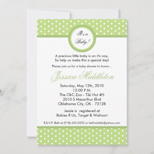 Invitation au Baby shower à points Polka vert pâle (Devant)