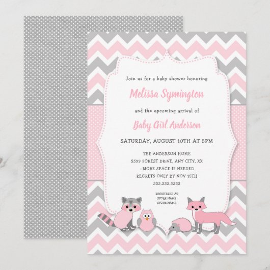 Invitation au baby shower animal en bois rose (Devant / Derrière)