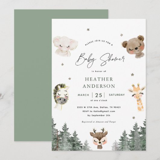 Invitation au Baby shower animal forestier (Devant / Derrière)