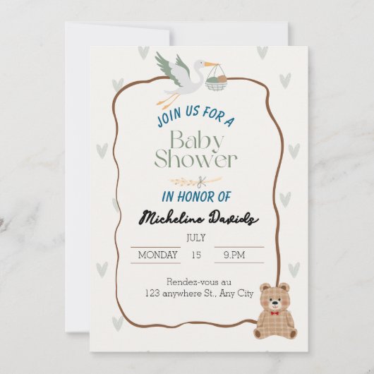 Invitation au Baby shower animal mignon (Devant)