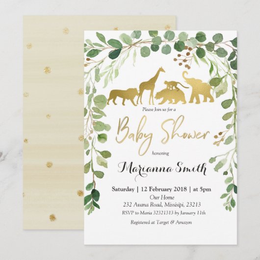 Invitation au Baby shower animalier Safari de verd (Devant / Derrière)