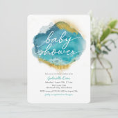 Invitation au Baby shower Aqua Blue et Gold Ocean (Debout devant)
