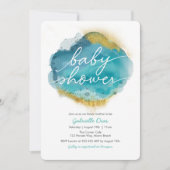 Invitation au Baby shower Aqua Blue et Gold Ocean (Devant)
