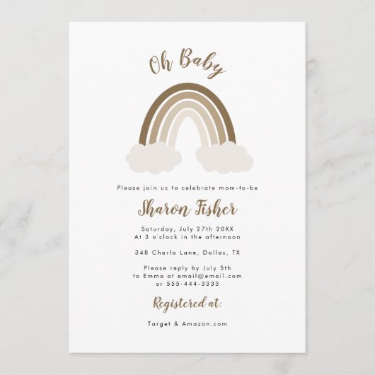 Invitation au Baby shower arc-en-ciel neutre (Devant)