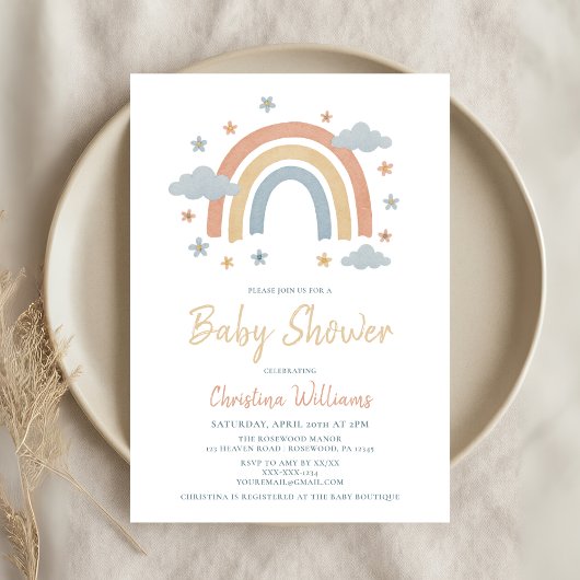 Invitation au Baby shower arc-en-ciel neutre