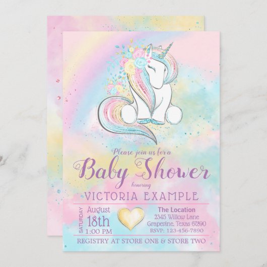 Invitation au Baby shower arc-en-ciel Unicorn (Devant / Derrière)
