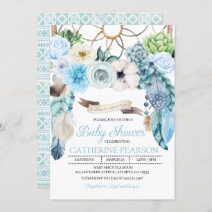 Invitation au Baby shower bleu Boho Dreamcatcher