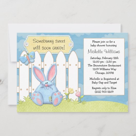 Invitation au Baby shower Bleu Bunny (Devant)