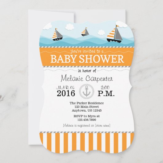 Invitation au Baby shower bleu orange (Devant)