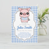 Invitation au Baby shower Blue En vichy Piggy (Debout devant)