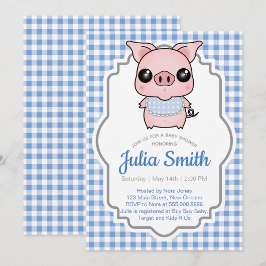 Invitation au Baby shower Blue En vichy Piggy (Devant / Derrière)