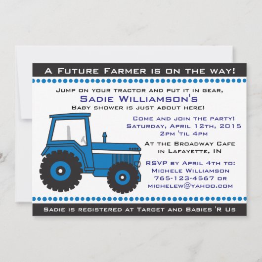 Invitation au Baby shower Blue Tractor (Devant)