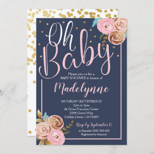 Invitation au Baby shower Blush Navy et Gold Flora