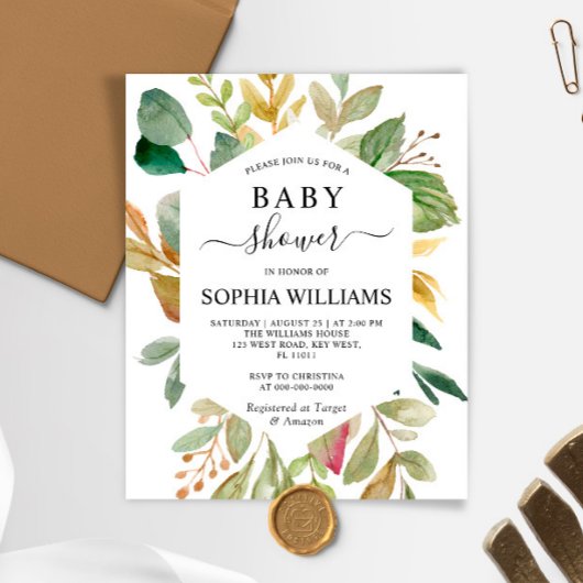 Invitation au Baby shower cadre Feuilles éco budge