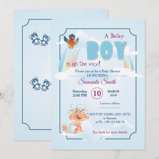 invitation au baby shower, c'est un garçon (Devant / Derrière)