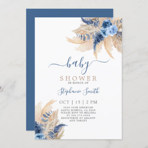 Invitation au Baby shower chic Blue Pampas Grass B