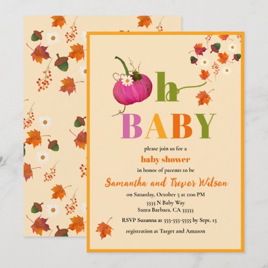 Invitation au Baby shower Citrouille d'automne (Devant / Derrière)
